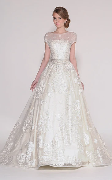 Lace Applique V-Back Wedding Dress Ball Gown with Short Sleeves and Bateau Neckline