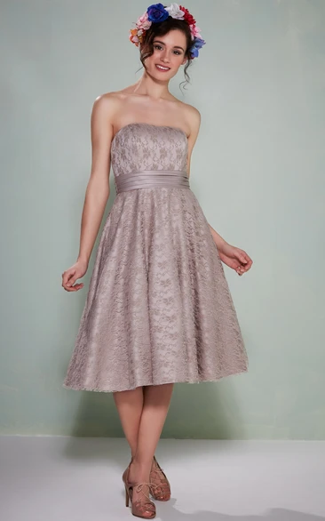 Strapless Lace Bridesmaid Dress A-Line Tea-Length