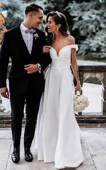 Sexy Satin Off-the-shoulder Wedding Dress with Split Front A-line Floor-length