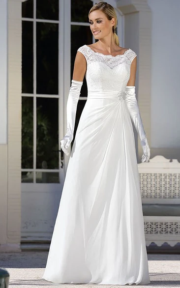 Lace & Satin Wedding Dress Cap-Sleeve Bateau A-Line