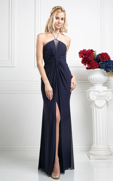 Halter Chiffon Maxi Bridesmaid Dress with Split Front and Draping