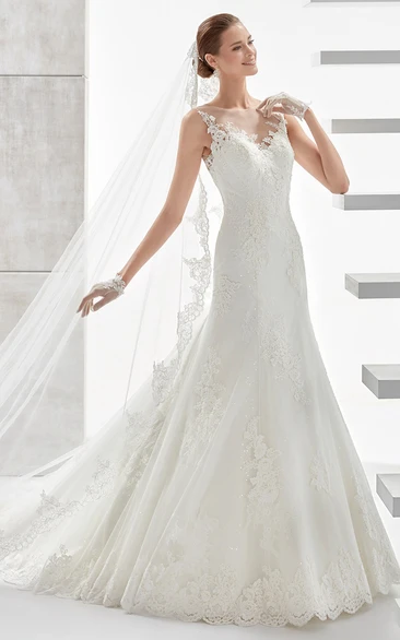 Cap-Sleeve Jewel-Neck Wedding Dress with Illusive Design and Appliques