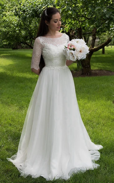 Elbow Sleeve Lace and Tulle A-Line Wedding Dress