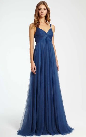 Sleeveless Empire Ruched Tulle Bridesmaid Dress with Pleats Elegant Bridesmaid Dress