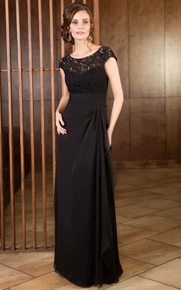 Lace Bodice Cap-Sleeved Mother Of The Bride Dress Long Ruffled Gown