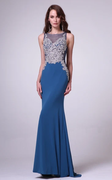 Beaded Sleeveless Sheath Jersey Formal Dress with Illusion Neckline