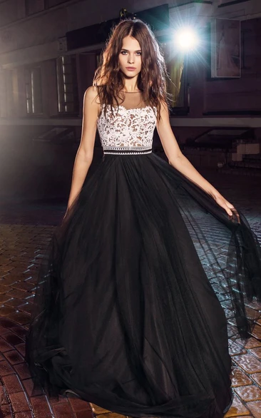 Long Tulle Sleeveless A-Line Prom Dress with Appliques