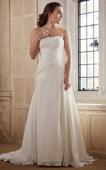 Strapless Appliqued Chiffon Wedding Dress with Court Train Long Flowy Bridal Gown Women