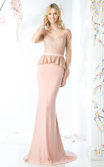 Jersey Sheath Long Sleeve Dress with Peplum and Beading for Formal Event