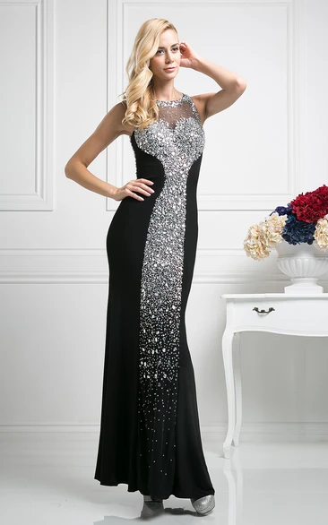 Crystal Detailing Chiffon Sheath Dress with Jewel-Neck and Keyhole