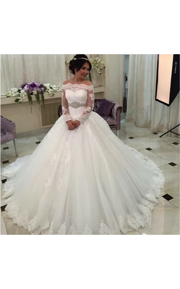 Long Sleeve Off-Shoulder Tulle Ball Gown with Beaded Waist Wedding Dress