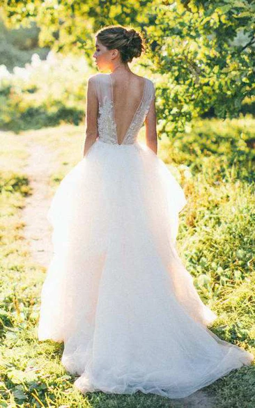 A-Line Tulle Wedding Dress with Illusion Scoop-Neck and Appliques Elegant Wedding Dress