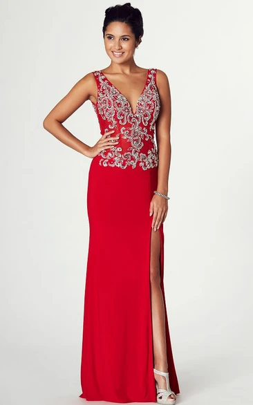 Sleeveless V-Neck Maxi Jersey Prom Dress with Appliques and Split Front Classy Prom Dress for Women