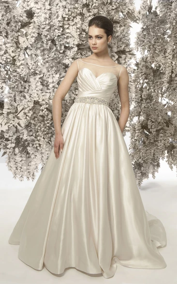 Satin A-Line Bateau Neck Wedding Dress with Criss-Cross Back and Sleeveless Design