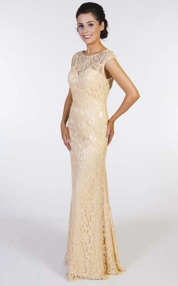 Beaded Lace Sheath Cap Sleeve Prom Dress Classy Women's Evening Gown