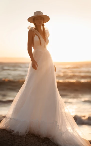 Beach Straps V-neck Tulle Romantic Ethereal Wedding Dress with Chapel Train Backless