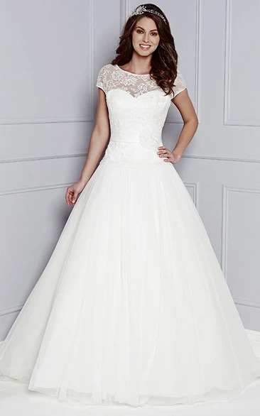 Lace Short-Sleeve Floor-Length A-Line Wedding Dress Scoop-Neck with Flower