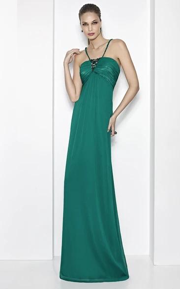 Spaghetti Strap Sheath Chiffon Prom Dress with Ruching and Beading