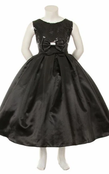 Bowed Sequin Satin Tea-Length Flower Girl Dress Classy