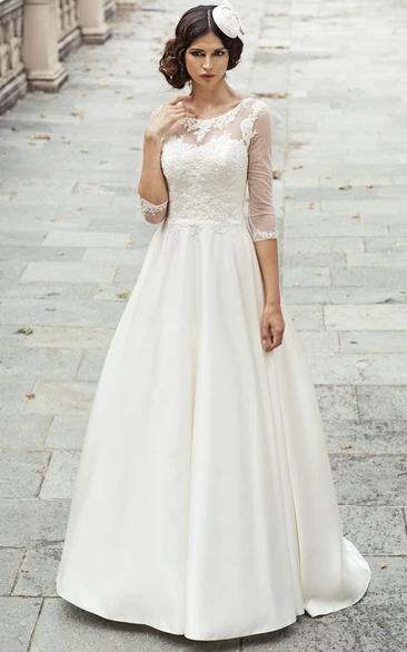 Satin&Lace A-Line Wedding Dress with 3/4 Sleeves and Scoop Neck