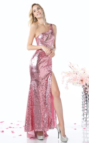 Sequin One-Shoulder High-Low Dress with Split Front Prom Dress