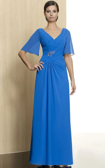 Chiffon Bell Sleeve V-Neck Beaded Prom Dress