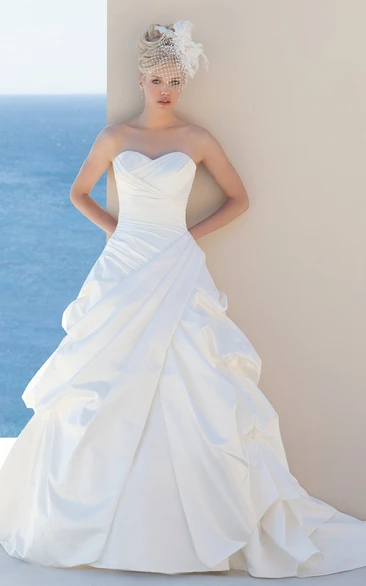 Satin Sweetheart A-Line Wedding Dress with Pick-Up Skirt Classy Bridal Gown