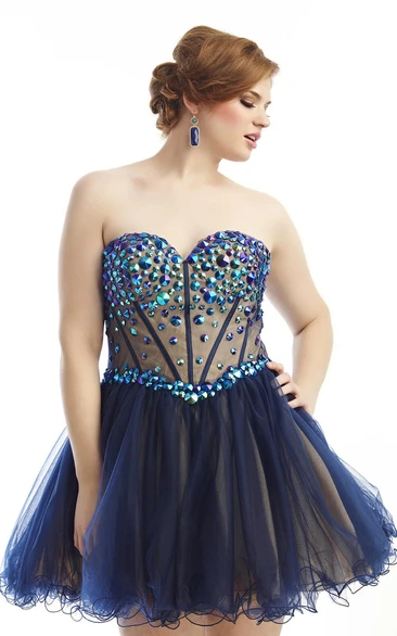 Ruffled Tulle A-line Crystal Detailing Prom Dress