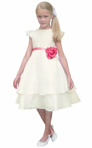 Cap-Sleeve Taffeta Flower Girl Dress Tea-Length Elegant 2024