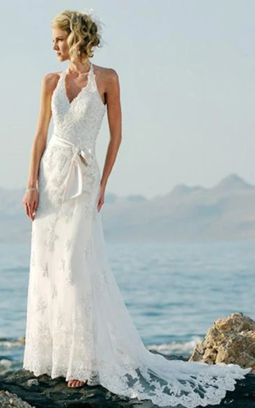 Halter Sleeveless Lace Wedding Dress with Court Train Sheath Column Bridal Gown
