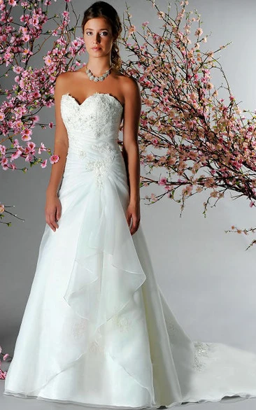 Organza A-Line Bridal Gown with Side Drape and Appliques