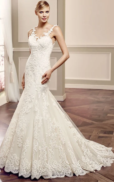 Long Sleeveless Lace Wedding Dress with Illusion and Court Train Scoop Neckline