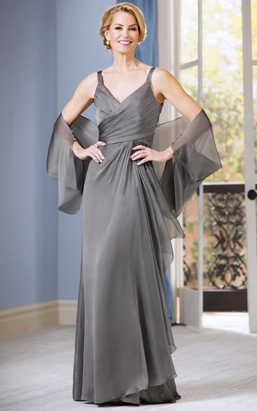 Sleeveless V-Neck Long Mother Of The Bride Dress with Ruching and Shawl