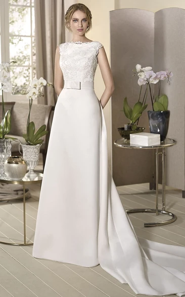 Satin Bateau-Neck Cap-Sleeve Floor-Length Sheath Wedding Dress