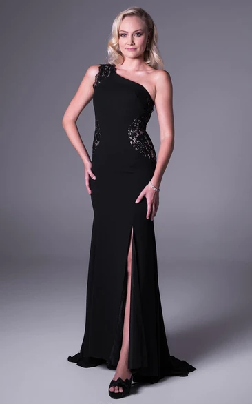 One-Shoulder Lace Chiffon Prom Dress with Sweep Train Elegant Long Prom Dress