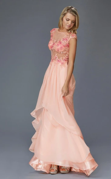 A-Line Chiffon Applique Formal Dress with Cap Sleeves and Illusion Neckline