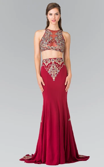 Two-Piece Jersey Illusion Prom Dress with Appliques Sheath Maxi Jewel-Neck