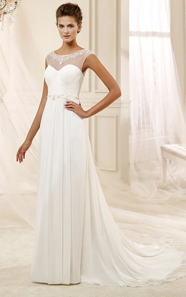 Illusive Design Chiffon Wedding Dress with Jewel Neckline and Pleated Bodice