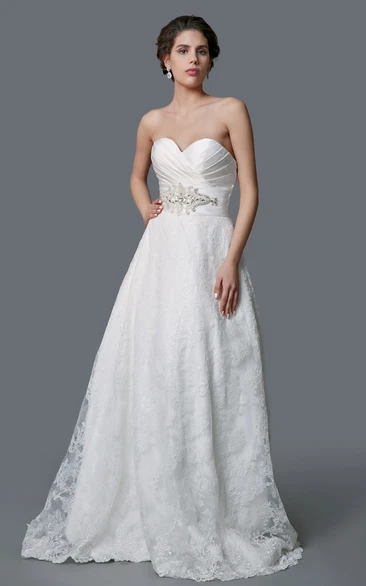 Satin and Lace A Line Wedding Dress With Belt Sweetheart & Modern