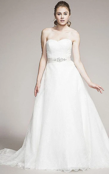 A-Line Lace Wedding Dress with Sweetheart Neckline and Jeweled Appliques