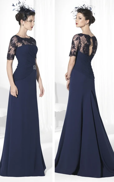 Lace Chiffon Prom Dress with Bateau-Neck and Short Sleeves Elegant Formal Dress