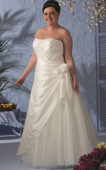 Lace-up Taffeta Bridal Gown with Flower & Tulle Skirt Strapless Wedding Dress