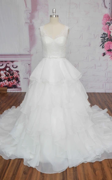 Lace Ruffle Organza Wedding Dress with V-Back and Bow Cute Ballgown