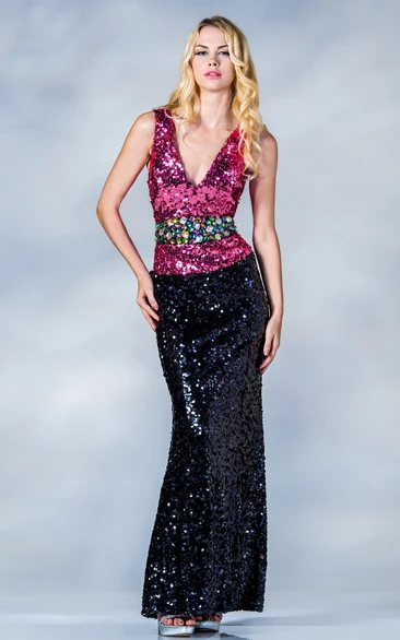 V-Neck Sequin Sheath Dress with Beading and Ankle-Length Hem