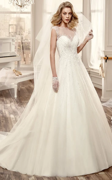 Illusion A-Line Wedding Dress with Brush Train and Puffed Tulle Skirt Sweetheart