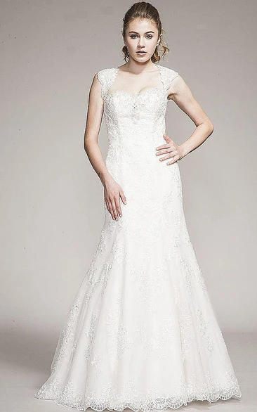 Beaded Lace A-Line Wedding Dress with Queen-Anne Neckline and Floor-Length