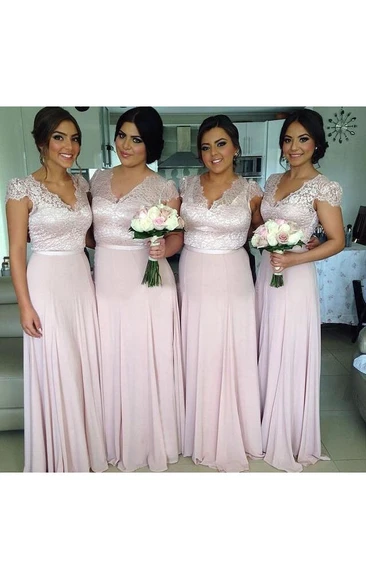 V-neck Bell Cap Chiffon Lace Dress with Zipper Flowy Bridesmaid Dress