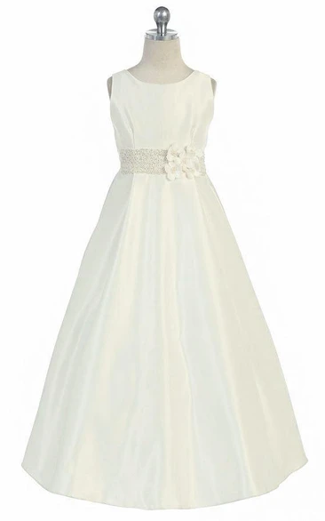 Beaded Satin Flower Girl Dress With Sash Floral Country Dress