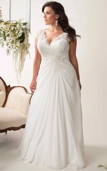 Chiffon Cap-Sleeve V-Neck Plus Size Wedding Dress with Ruching and Keyhole Flowy Wedding Dress