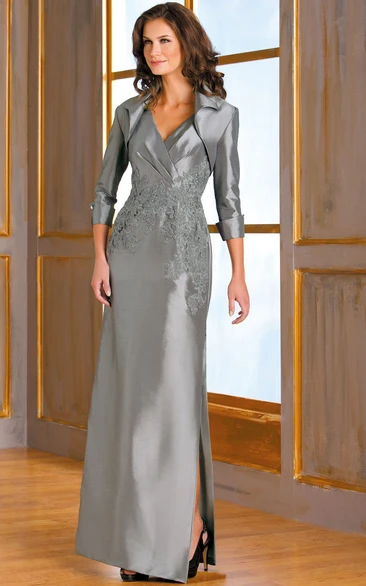 Satin Applique Mother Of The Bride Dress with Jacket and V-Neck